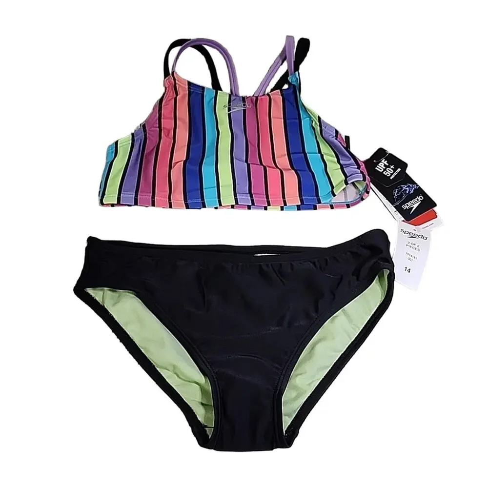 Speedo Girl's Size 14 Black Pink Blue Striped Bikini Swimsuit NWT